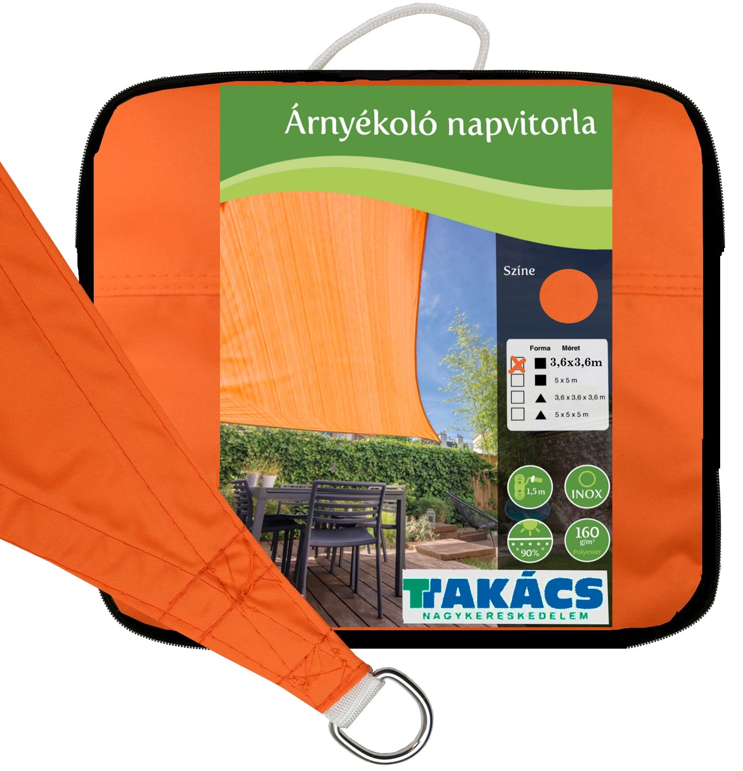 Sun sail orange 3,6x3,6 m 160g/m2